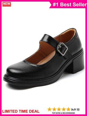 Womens Low Chunky Block Heel Mary Jane Pumps Faux Leather Plain Toe Buckle